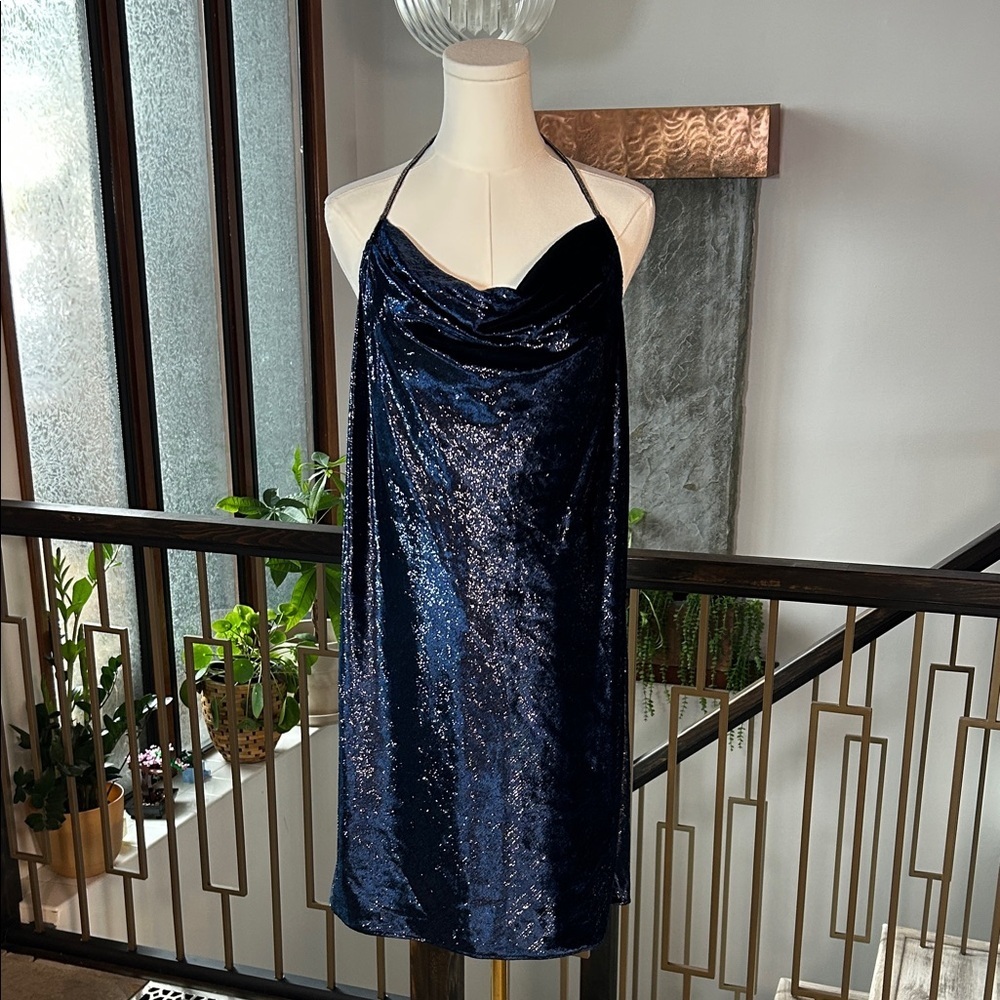 Halston Heritage Evening Collection Navy Velvet Shimmer Draped Cowl Mini Dress 4
